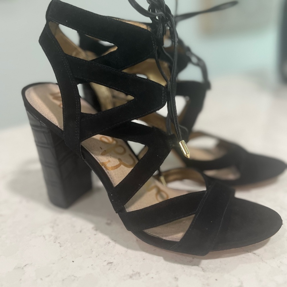 Sam Edelman Cage Heels Lace Up Black Suede Leather Crocodile Sexy Size 8.5